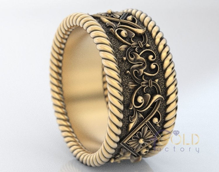 Обручальное кольцо с цветочными узорами и плетеной веревкой