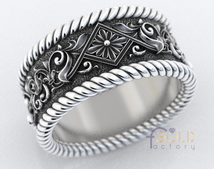 Обручальное кольцо с цветочными узорами и плетеной веревкой
