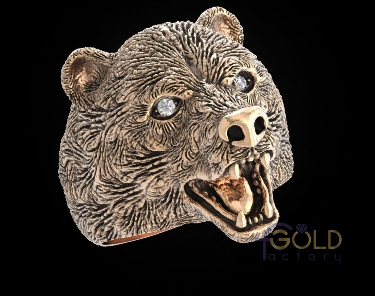 Кольцо печатка медведь с камнями